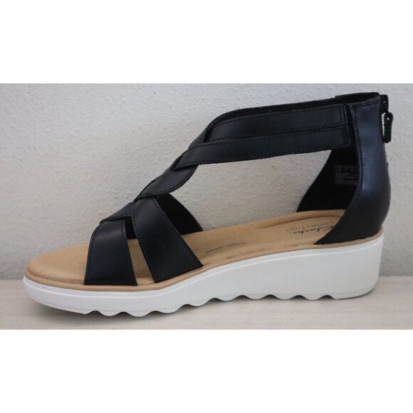 Collection x Clarks Wmn Sz 11 M Black Leather Jillian Bright Strappy Wedge Heels - Picture 7 of 12